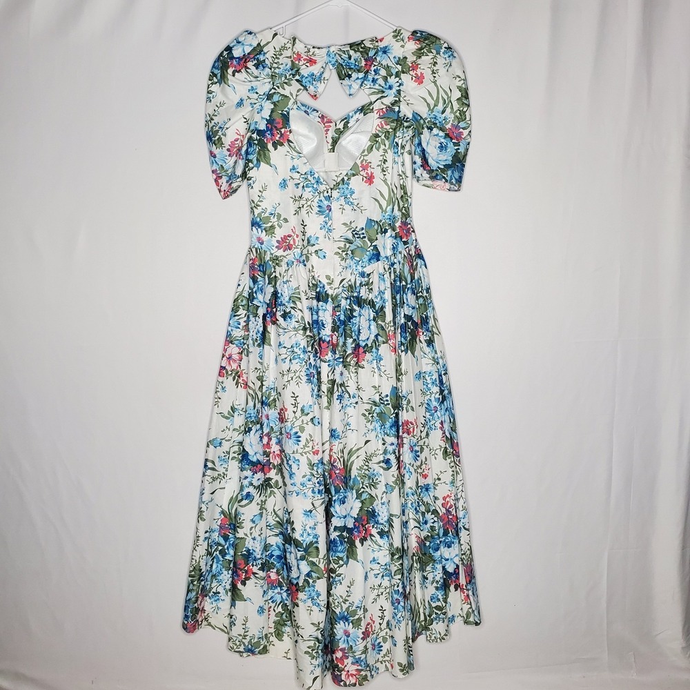 Tea Floral Midi Dress Sm Basque Waist Coquette Cottagecore 80s Party Feminine